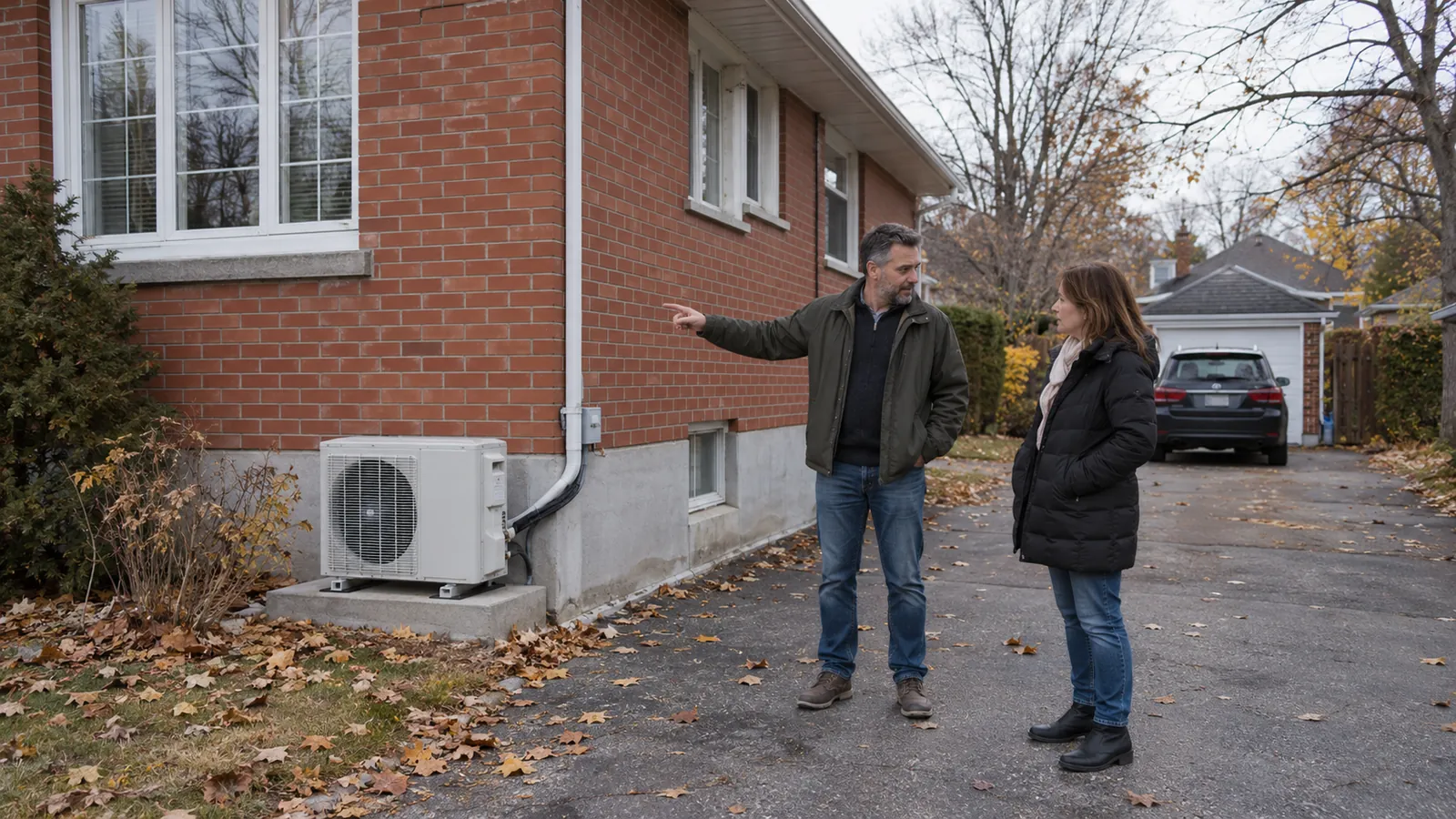 Maison québécoise et emplacement possible pour une unité extérieure